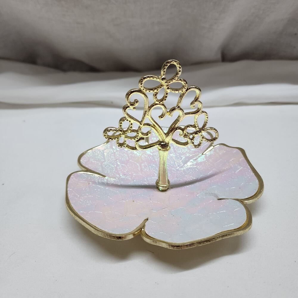 Ring dish trinket dish gold tone opal colored flower shaped b34